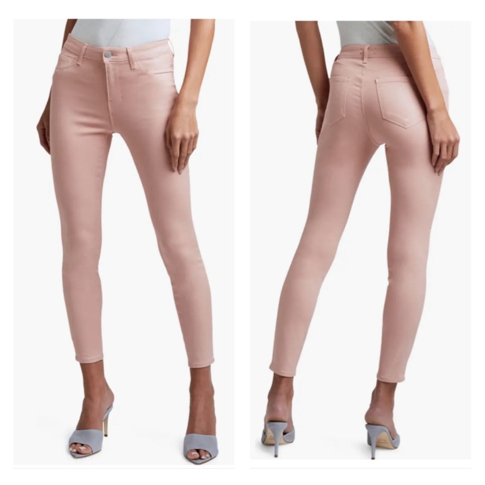 L'Agence Margot High Rise Dusty Pink White Contrast Coated  Cropped Skinny Jeans